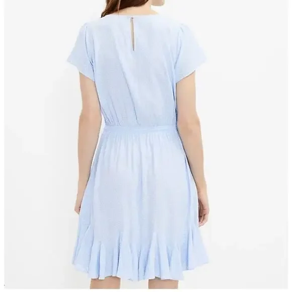 LOFT Dress Womens M Light Blue Polka Dot Godet Ruffle Tie Waist Minimalist - Picture 2 of 9